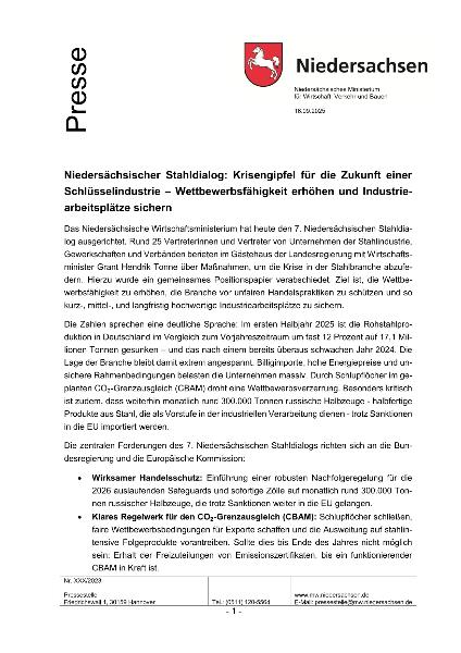 Pressemitteilung des niedersächsischen Wirtschaftsministeriums zum 7. Niedersächsischen Stahldialog