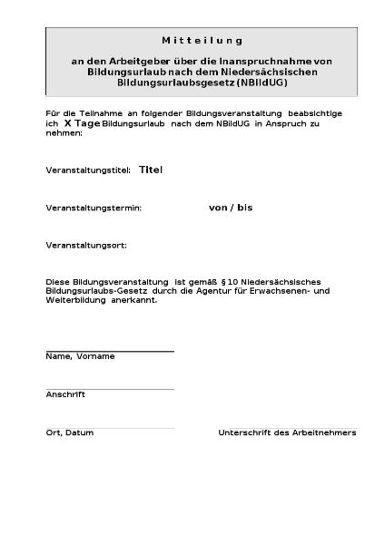 Bildungsurlaubsantrag an den Arbeitgeber